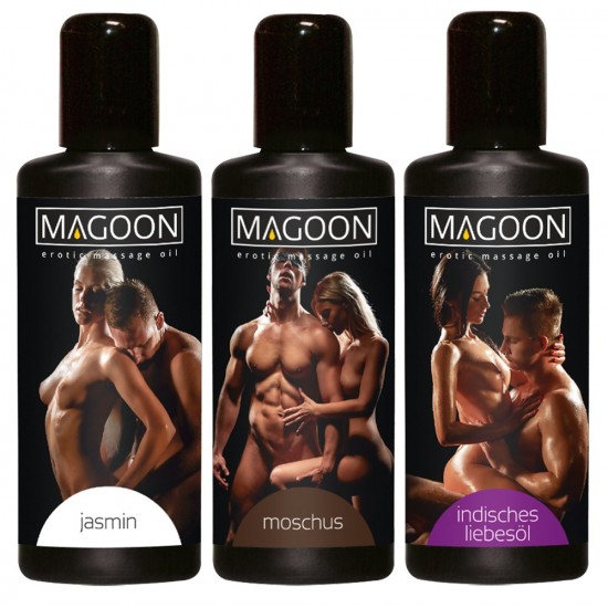 3-piece massage oil value set. Caring premium quality oils with stimulating scents and long-lasting gliding properties. Water soluble. Three 50 ml bottles: 1 Magoon Musk, 1 Magoon Indian Love Oil, 1 Magoon Jasmine.