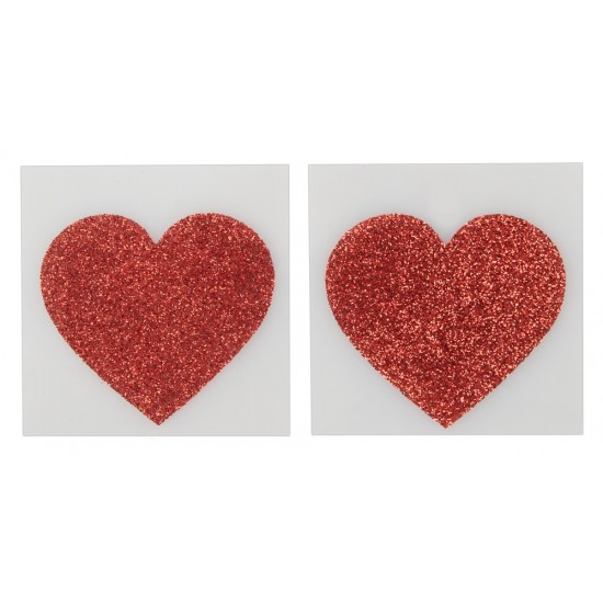 Glitter nipple stickers to add a professional look to private performances. Sparkling red heart-shaped nipple stickers. Size: 5.9 x 5.9 cm. Material: 80% paper, 15% PET, 5% glue. 1 pair.