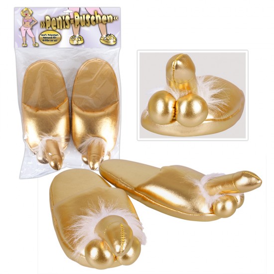 Gold-toned penis slippers made from a fluffy material with a penis and testicles shoe tip. One size fits most (approx. size: from 37 to 43/ European shoe sizing).