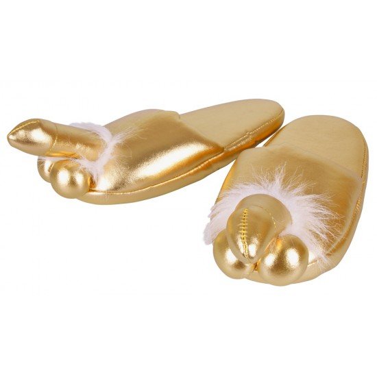 Gold-toned penis slippers made from a fluffy material with a penis and testicles shoe tip. One size fits most (approx. size: from 37 to 43/ European shoe sizing).