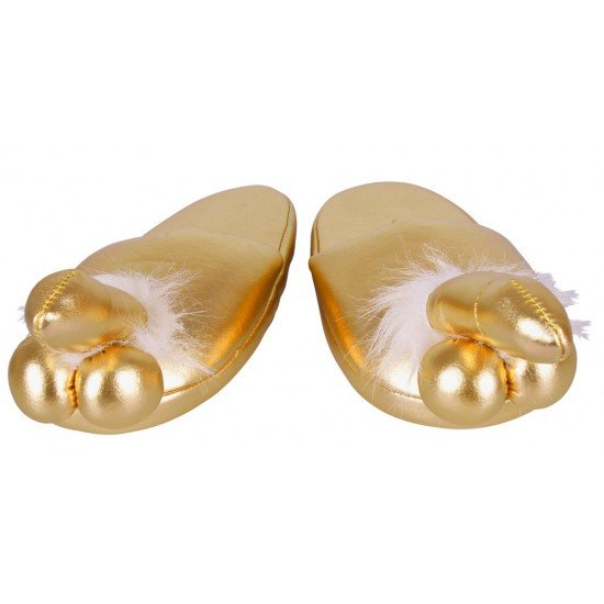 Gold-toned penis slippers made from a fluffy material with a penis and testicles shoe tip. One size fits most (approx. size: from 37 to 43/ European shoe sizing).