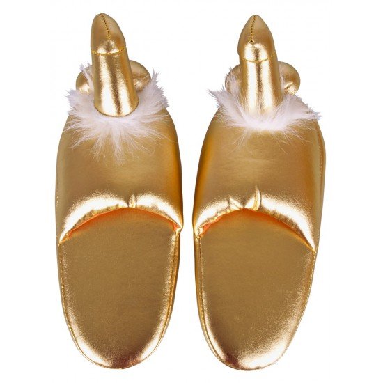 Gold-toned penis slippers made from a fluffy material with a penis and testicles shoe tip. One size fits most (approx. size: from 37 to 43/ European shoe sizing).