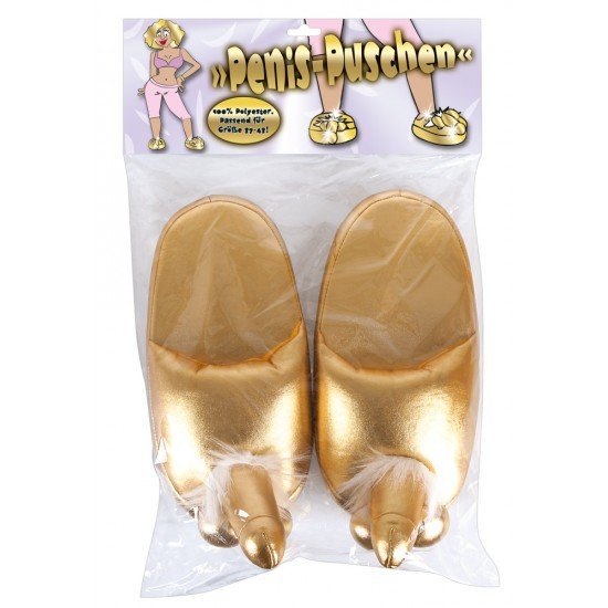 Gold-toned penis slippers made from a fluffy material with a penis and testicles shoe tip. One size fits most (approx. size: from 37 to 43/ European shoe sizing).