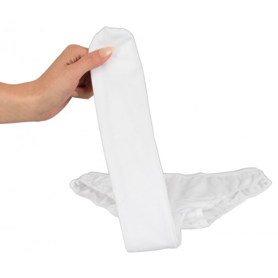 White underpants with a 45 cm long penis sleeve (Ø 6 cm). Circumference of waistband (unstretched) 68 cm. 100% polyester.