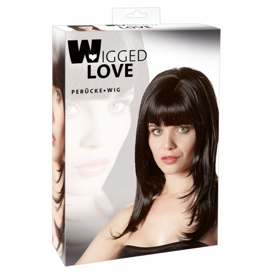 Thoroughly knotted wig which creates a long, smooth hairstyle with fringe. Colour: black. approx. 50 cm long. Easily to clean with water and shampoo. Material: 60% PVC, 40% modacrylic fibre. Long, smooth hairstyle with f