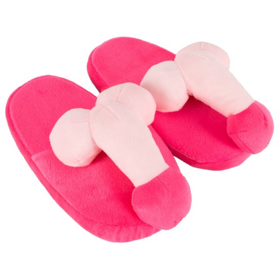 Pink-coloured house slippers for HER. Made of fake fur fabric, with penis and testicles on top. Standard size 37-40. 100% polyester.