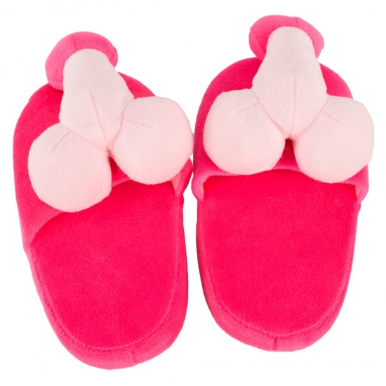 Pink-coloured house slippers for HER. Made of fake fur fabric, with penis and testicles on top. Standard size 37-40. 100% polyester.