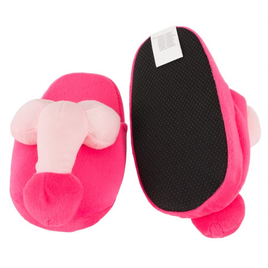 Pink-coloured house slippers for HER. Made of fake fur fabric, with penis and testicles on top. Standard size 37-40. 100% polyester.