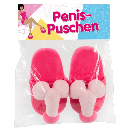 Pink-coloured house slippers for HER. Made of fake fur fabric, with penis and testicles on top. Standard size 37-40. 100% polyester.