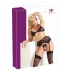 The suspender belt set contains a wireless bra, a suspender belt and a string. The wireless bra has lace inserts, adjustable straps, a fastener at the front and a hook-fastener at the back. The suspender belt with lace o