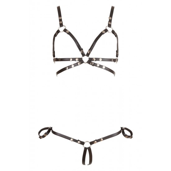 Bikini that is only made up of stretchy wetlook straps with stitches. The rings join the straps together and the cups and crotch are open! The bra part can be adjusted with the press studs and the string part has a ring