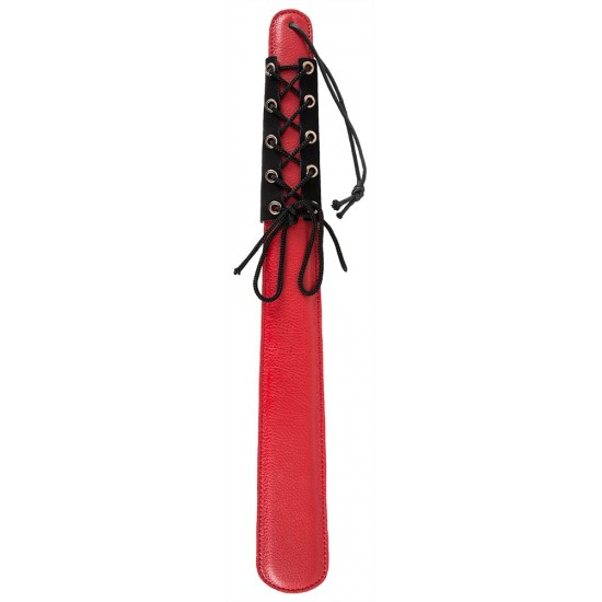 Red slim-line paddle with one slightly padded side for a softer starting stroke. Features a tied suede cuff designed to provide a better grip and a fancy bondage look. Full size: 24 cm long, 3.5-5 cm wide. Material: Spli