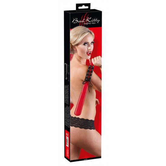 Red slim-line paddle with one slightly padded side for a softer starting stroke. Features a tied suede cuff designed to provide a better grip and a fancy bondage look. Full size: 24 cm long, 3.5-5 cm wide. Material: Spli