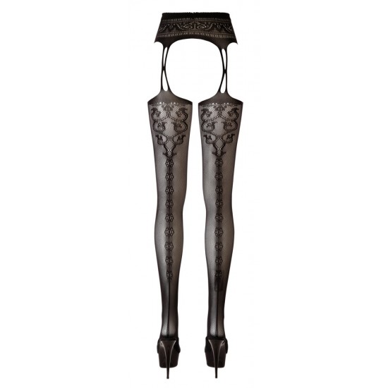 Seamless black lace suspender belt and sewn-on black net stockings with a seam and a lace pattern at the back! Material: 90% polyamide, 10% elastane.