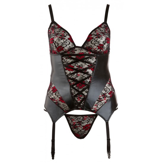 Black wetlook basque combined with black and red lace. With a hook-fastener at the back, adjustable bra straps and four adjustable suspender straps. Includes a matching lace string with crotch. 92% polyester, 8% elastane